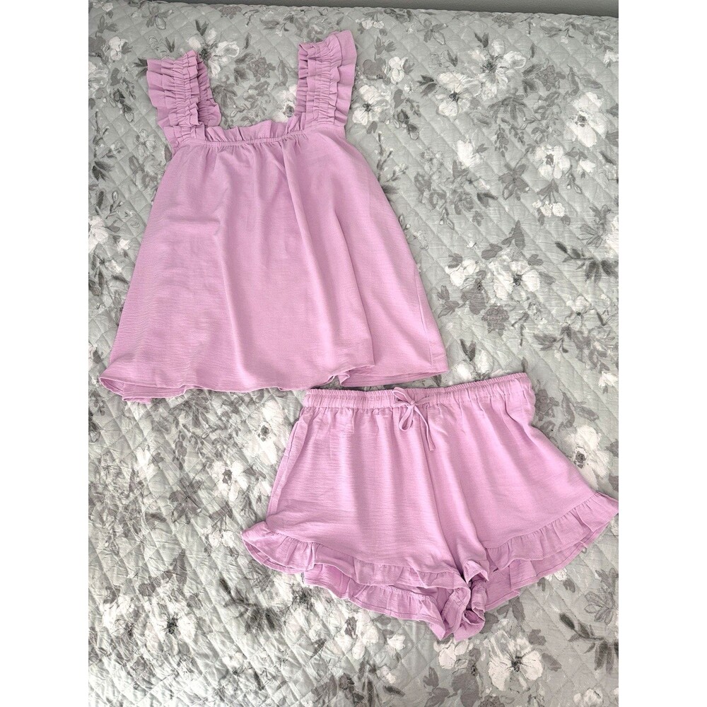 Lavender Ruffle Lounge Set Womens Large Pajama Set Coquette Babydoll Tank Shorts
